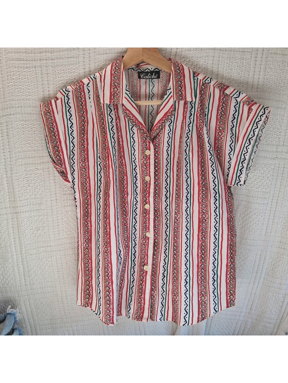 Vintage 80s Caliché Southwestern Geometric Stripe Blouse Cap Sleeve Shirt Small